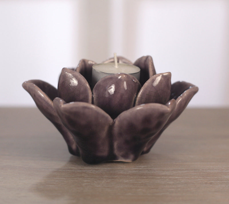 Tea Light Holder Rustic Purple Flower Ceramic 14cms