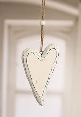 Carved Wood Heart With Twine Loop 16cms Cream