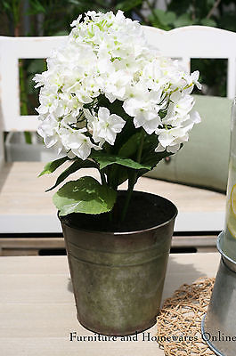 Faux Hydrangeas in Tin Pot White Hydrangea