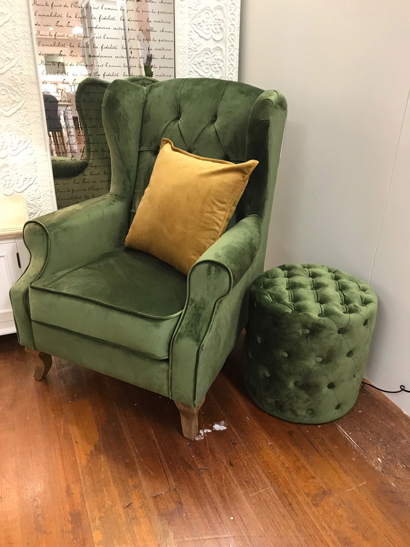 Wingback Chair Tufted Green Velvet Oak Chesterfield