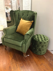 Wingback Chair Tufted Green Velvet Oak Chesterfield