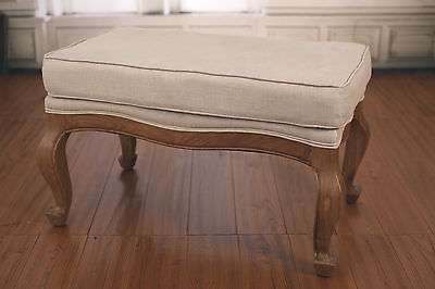French Provincial Ottoman Tufted Soft Linen Upholstered