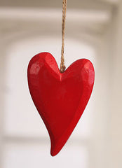Carved Wooden Heart Home Decor 13cms Ornament Rustic Twine Red