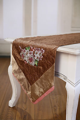 Table Runner Brown with Pink Embroidery Home Decor Party Decoration 150cms